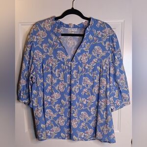 Mary Square Women's Blue Floral Blouse 2X